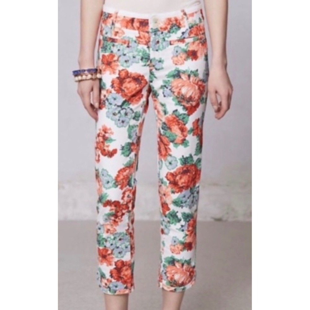 Anthropologie‎ Cartonnier Floral Cropped Pants White Red Orange Size 4 Slim Leg